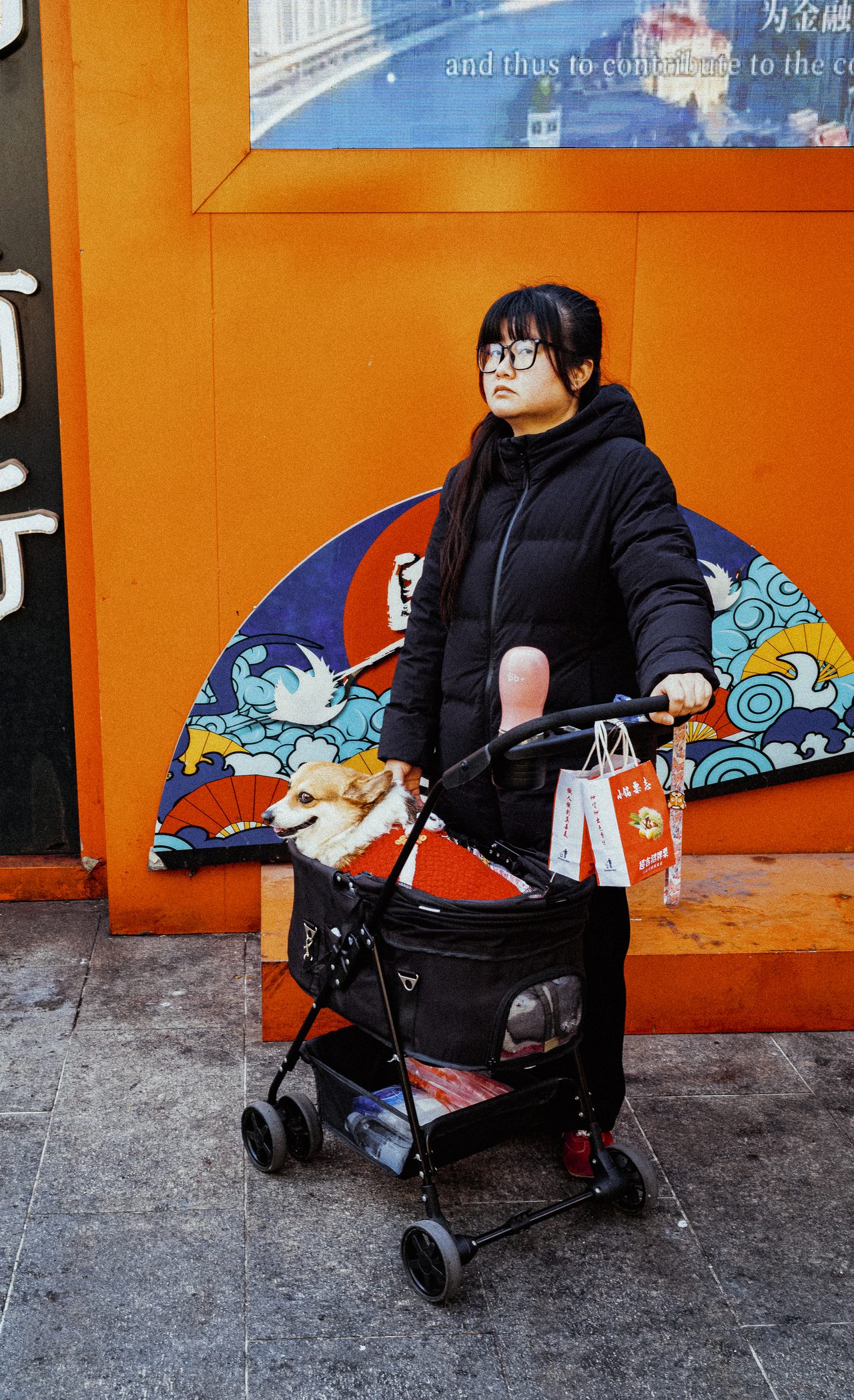 A woman with a walker stands before an orange wall with a mural.